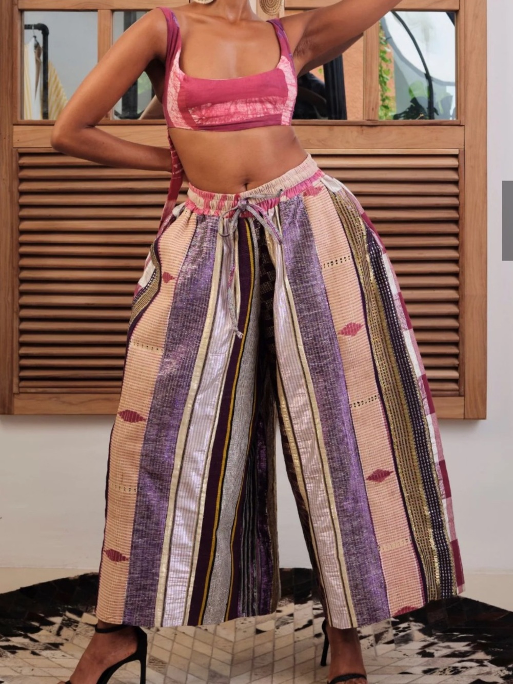 Moye Africa moyeafrica Aso Oke Pink Patchwork Cropped Wide-Leg Pants. Nigerian